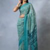 Mint Green Georgette Floral Print Saree With Unstitched Blouse - Image 3