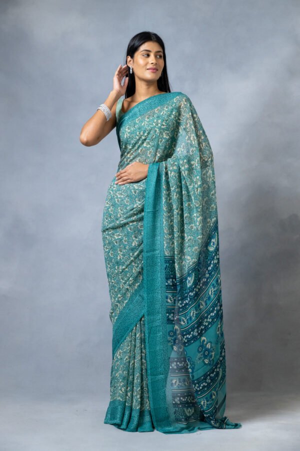 Mint Green Georgette Floral Print Saree With Unstitched Blouse - Image 3