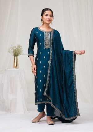 Peacock Blue Sequins Raw Silk Readymade Salwar Suit