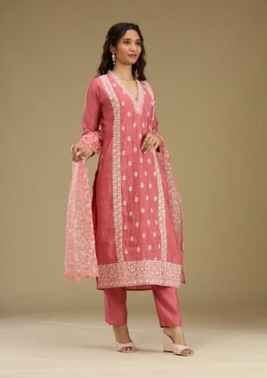 Onion Pink Threadwork Semi Crepe Readymade Salwar Suit