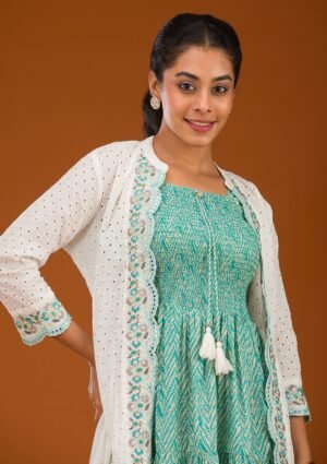 Turquoise Blue Threadwork Semi Crepe Readymade Salwar Suit