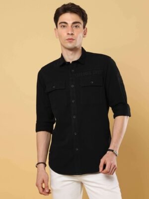 Black Twill Solid Cargo Full Sleeve Shirt