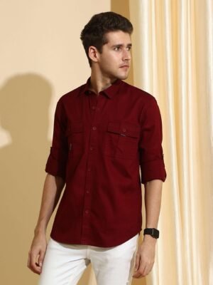 Burgundy Maroon Cargo Casual Full Sleeve Shirt