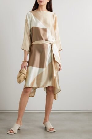 Office Wear Cream Color Soft Silk Short Dress