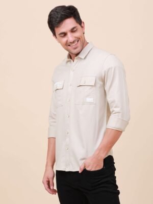 Beige Solid Double Pocket Full-Sleeve Shirt