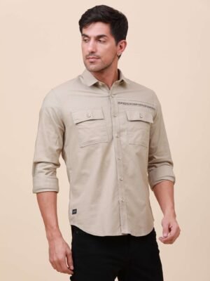 Beige Solid Double Pocket Shirt