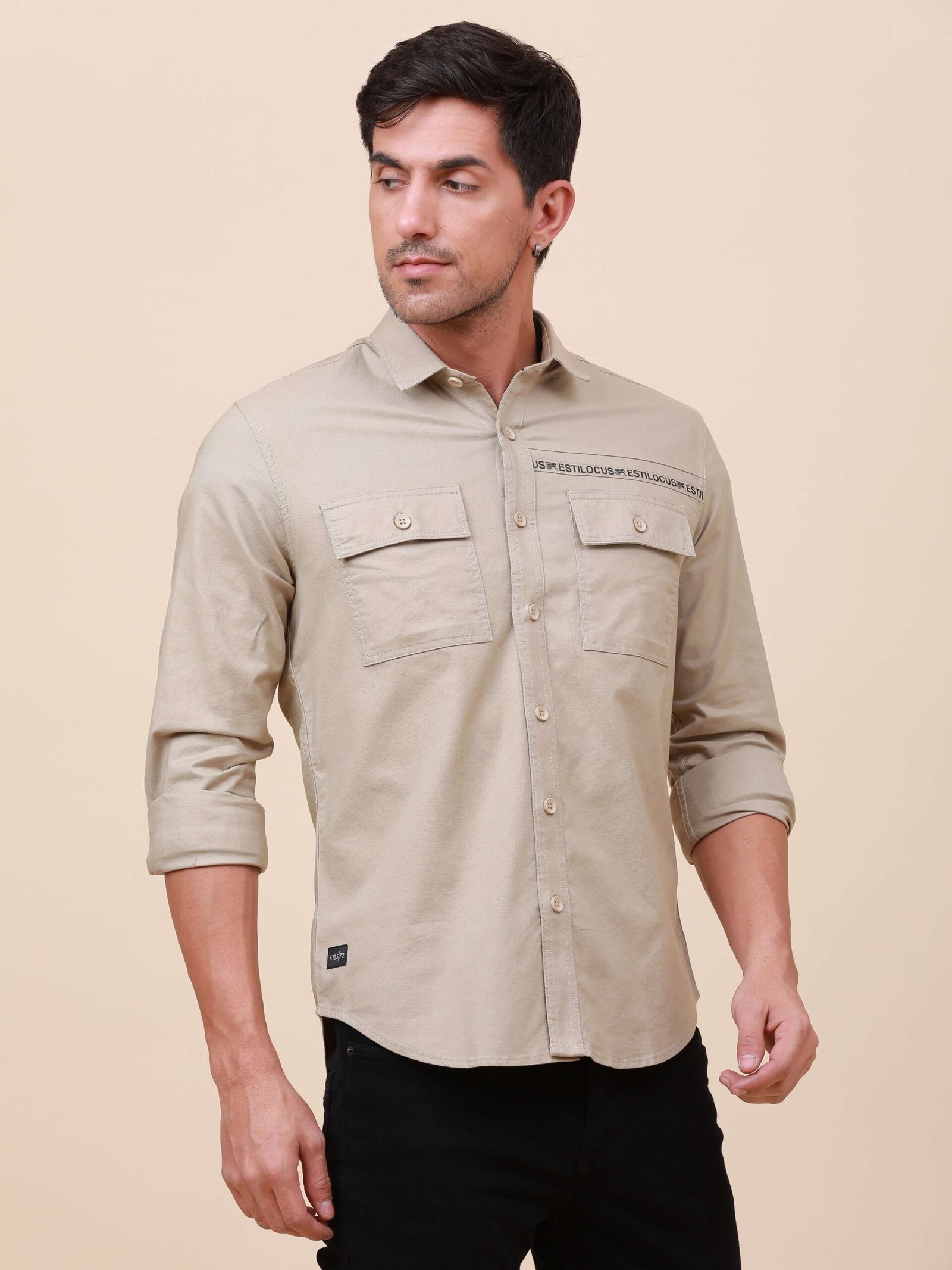 Beige Solid Double Pocket Shirt