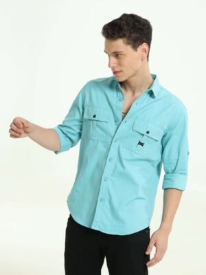 Vivid Sky Solid Double Pocket Shirt