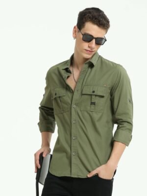 Moss Green Solid Double Pocket Shirt