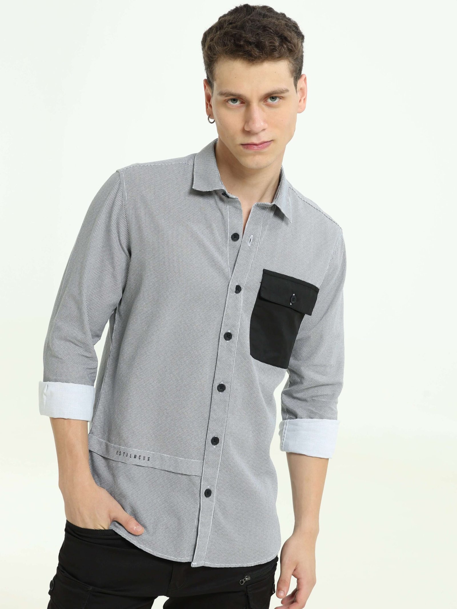 Grey Contrast Patch Solid Shirt