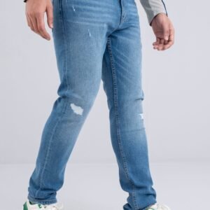 Slim Fit Distressed Mid Blue Jeans