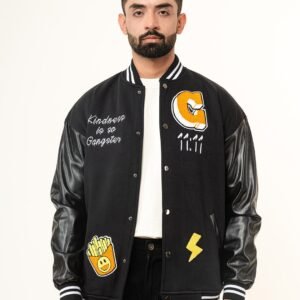 Black G With Leather Sleeves Varsity Jacket (Unisex)