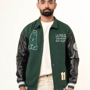 Green A With Leather Sleeves Varsity Jacket