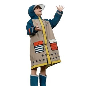 Kr  Bold Geometric print Beige & Blue Raincoat for Kids