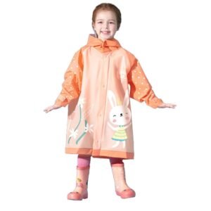 Kr  3d Bunny Orange Sleeves & Hood Knee Length Raincoat for Kids