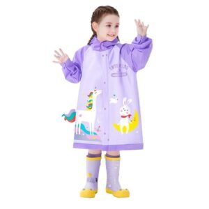 Kr  3d Unicorn Lilac Sleeves & Hood Knee Length Raincoat for Kids