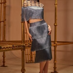 Metallic Grey Layered Fringed Midi Skirt