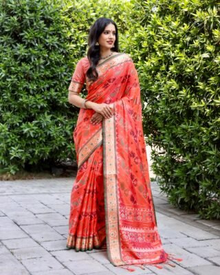 Patola Silk Orange Zari Contemporary Saree For Women