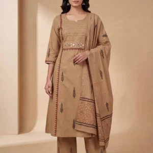 Women’s Beige Printed Kurta Set with Dupatta – 3/4 Sleeve