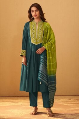 Teal Blue Silk Pleated Kurta Set With Lime Green Gota Patti Work