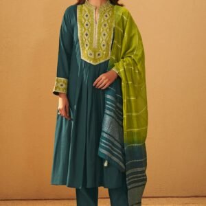 Teal Blue Silk Pleated Kurta Set With Lime Green Gota Patti Work