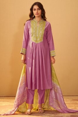 Silk Pleated Kurta Set With Lime Green Gota Patti Work