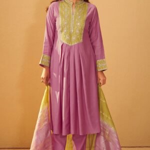 Silk Pleated Kurta Set With Lime Green Gota Patti Work