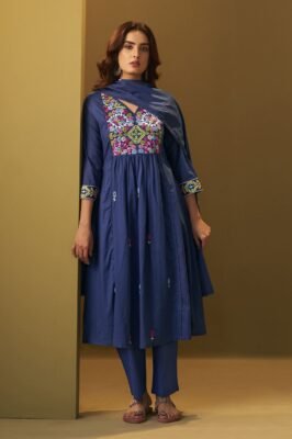 Indigo Blue Embroidered Anarkali Set For Women