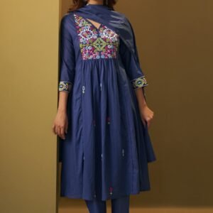 Indigo Blue Embroidered Anarkali Set For Women