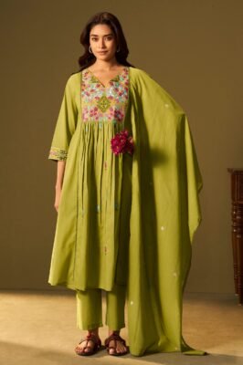Olive Green Embroidered Anarkali Set With Dupatta For Women