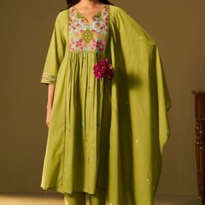 Olive Green Embroidered Anarkali Set With Dupatta For Women