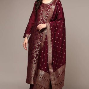 Maroon Poly Chanderi Suit Set with Dupatta for Women