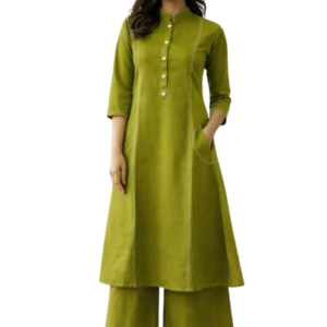 Women’s Olive Green A-Line Kurta Set with Palazzo Pants – 3/4 Sleeve