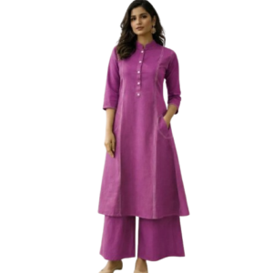 Women’s Magenta A-Line Kurta Set with Palazzo Pants – 3/4 Sleeve
