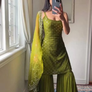 Green Embroidered Kurta And Sharara Suit Set with Dupatta