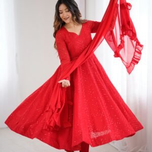 Red Color Georgette Lucknowi Three Piece Anarkali Suit