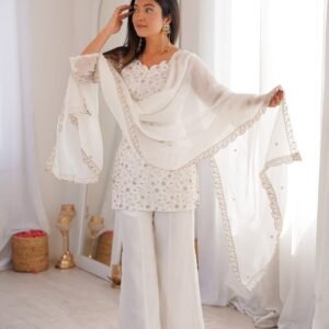Off-White Color Crunchy Silk Embroidered Plazzo Suit
