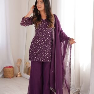 Dusty Mauve Color Crunchy Silk Embroidered Plazzo Suit