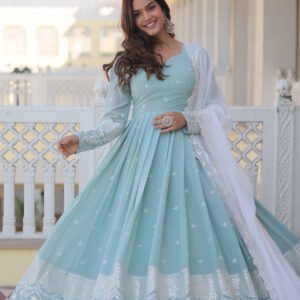Beautiful Sky Blue Color Embroidery Work Gown With Dupatta