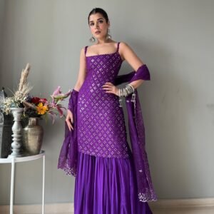 Designer Embroidered Purple Sharara suit Set with Kurta and Dupatta