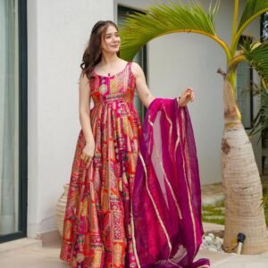 Vanya Pink Multicolor Jimmy Organza Silk Gown Set