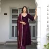 Women's Wine Velvet Embroidered Anarkali Set