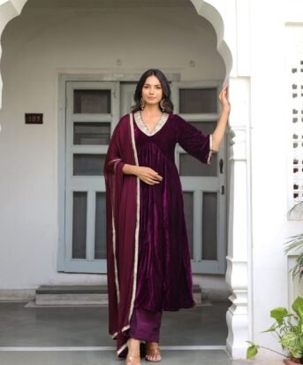 Women's Wine Velvet Embroidered Anarkali Set