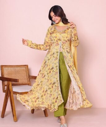 Women's Yellow Chinon Digital Print Anarkali Set