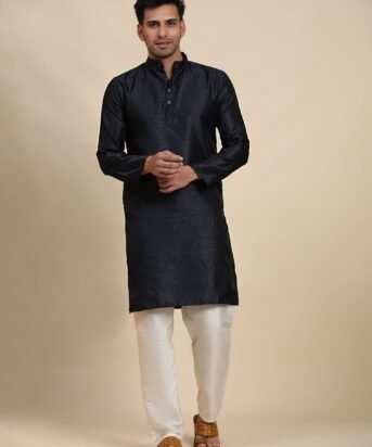 Men's Navy Blue Viscose Embroidery Kurta
