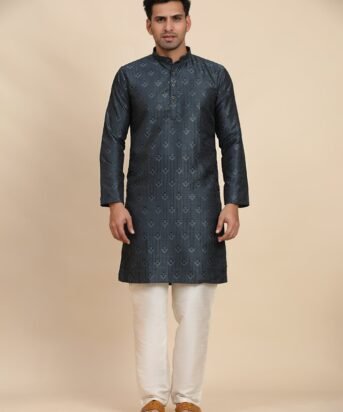 Men's Navy Blue Viscose Embroidery Kurta
