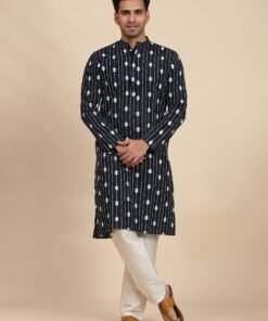 Men's Navy Blue Viscose Embroidery Kurta