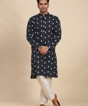 Men's Navy Blue Viscose Embroidery Kurta