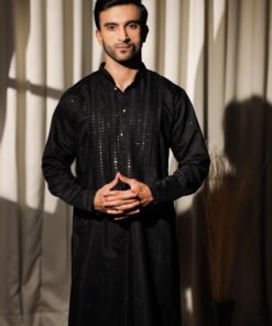 Men's Black Viscose Embroidery Kurta