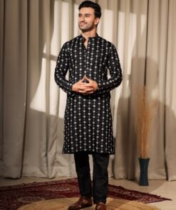 Men's Black Viscose Embroidery Kurta